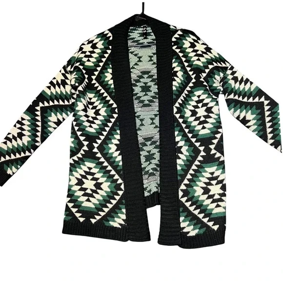 Bear Dance Womens Size Small Cardigan Sweater Green White Black Aztec Geometric - Picture 2 of 12